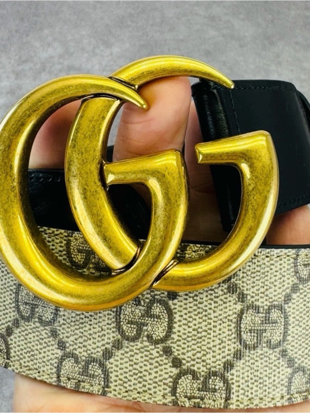 Gucci Beige GG Monogram Canvas Belt with Gold Double G Buckle